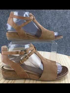 Ecco Tan Suede Crisscross Wedge Sandals with Dual Buckles